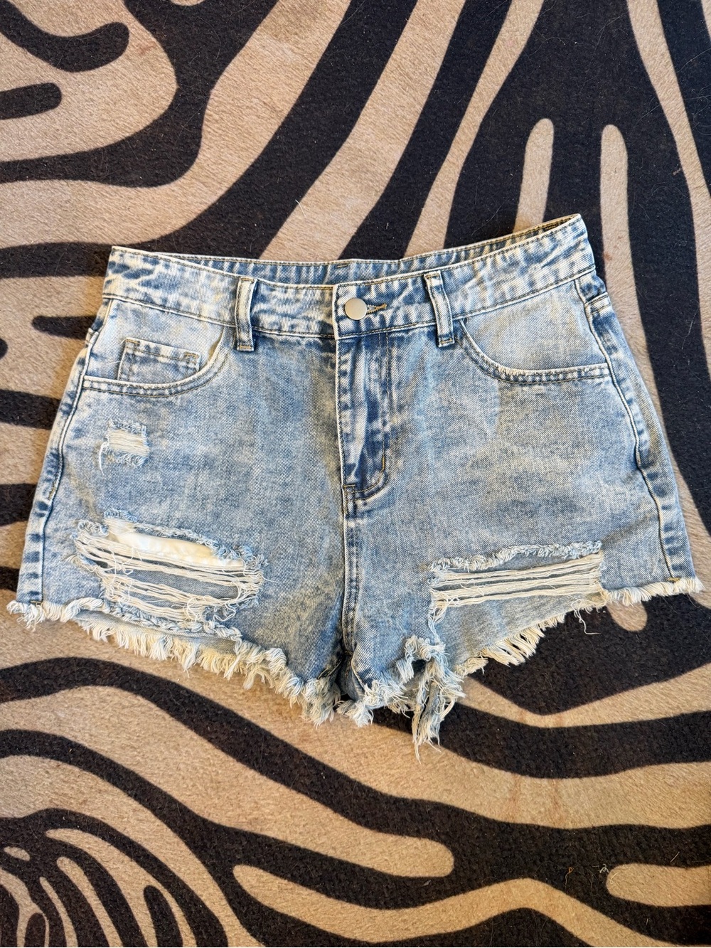 High-Rise Distressed Light Blue Denim Shorts